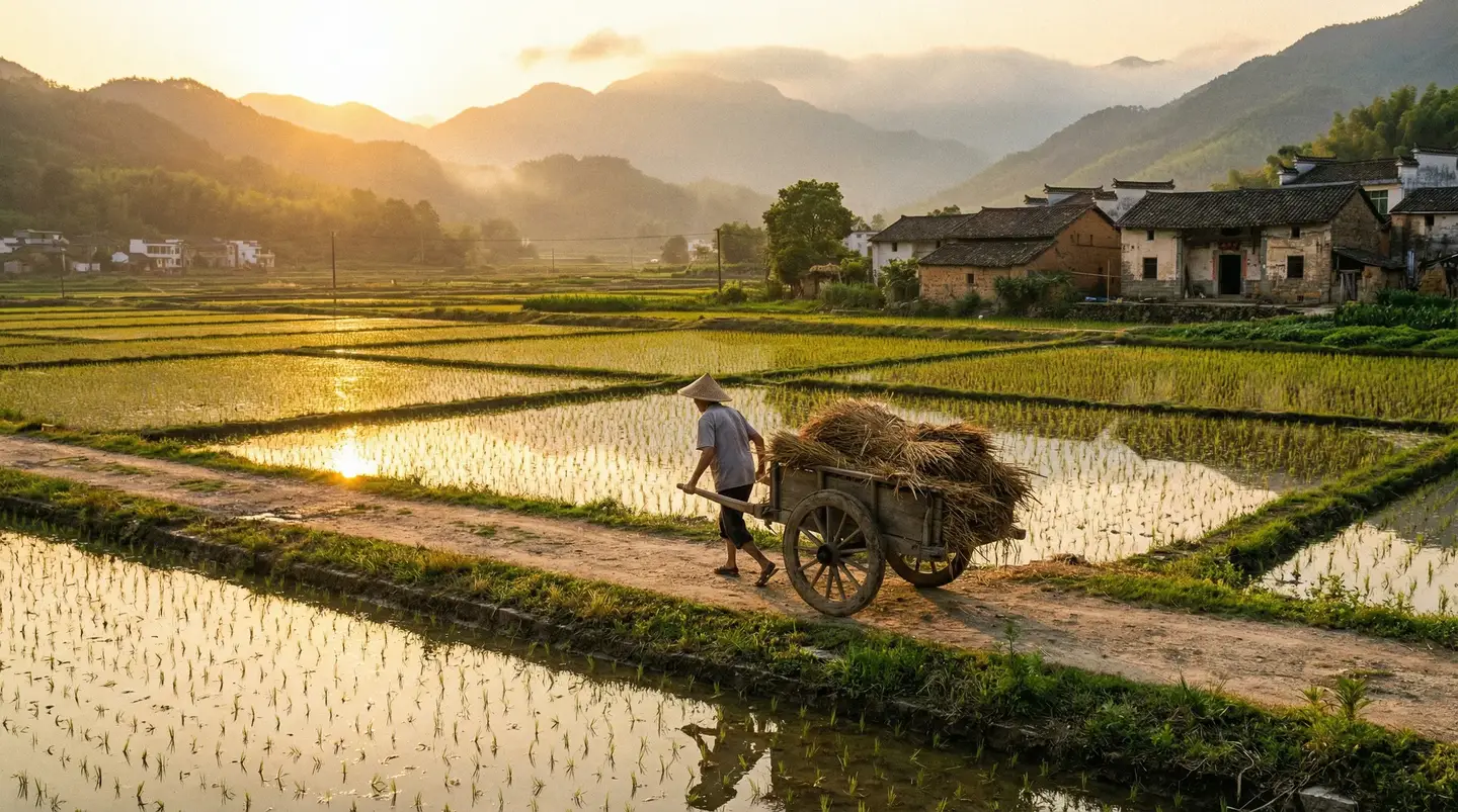桃花剧场app - 金色夕阳下的乡村田野，老农推着木车行走在田埂上